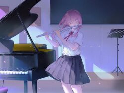 Rule 34 | 1girl, black skirt, bow, bowtie, braid, chair, chinese commentary, closed eyes, collared shirt, commentary request, commission, covered mouth, english text, eyelashes, flute, grand piano, holding, holding instrument, indoors, instrument, kaf (kamitsubaki studio), kamitsubaki studio, light rays, medium hair, miniskirt, music, music stand, petals, piano, pink hair, playing instrument, pleated skirt, pocket, red bow, red bowtie, school uniform, shirt, short sleeves, skirt, solo, twin braids, virtual youtuber, white shirt, yunouou10