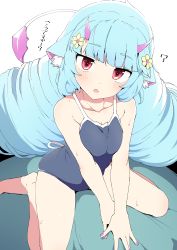 Rule 34 | 1girl, ?, animal ears, blue hair, blunt bangs, collarbone, commentary request, delmin (show by rock!!), horns, long hair, looking at viewer, nail polish, one-piece swimsuit, pink nails, red eyes, show by rock!!, simple background, sitting, solo, sweat, swimsuit, tail, tottotonero, white background
