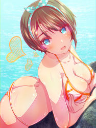 Rule 34 | 1girl, against rock, arched back, ass, bikini, blue eyes, blue hairband, breasts, brown hair, butt crack, cleavage, collarbone, commentary request, cowboy shot, hairband, head tilt, heart, highres, hololive, large breasts, looking at viewer, oozora subaru, open mouth, orange bikini, outdoors, qwq oekaki, short hair, sidelocks, skindentation, solo, striped bikini, striped clothes, swept bangs, swimsuit, thighs, virtual youtuber, wet, white bikini