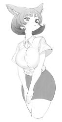 Rule 34 | 1girl, animal ears, blunt bangs, breasts, furry, furry female, greyscale, hands on lap, highres, hutomayuu, large breasts, looking at viewer, monochrome, original, pencil skirt, shirt, short hair, short sleeves, skirt, snout, white background