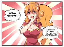 Rule 34 | 1girl, 4koma, animal ears, border, breasts, chinese clothes, cleavage, cleavage cutout, clothing cutout, collarbone, comic, english text, facing viewer, hair between eyes, hand on own hip, highres, hinghoi, large breasts, long hair, looking at viewer, ojou-sama pose, open mouth, orange hair, os-tan, personification, ponytail, red eyes, short sleeves, smile, smug, solo, speech bubble, squirrel ears, squirrel girl, squirrel tail, tail, uc-tan, uc browser, upper body, white border