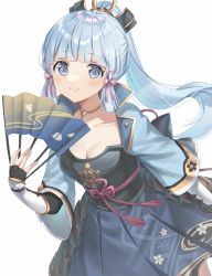 Rule 34 | 1girl, arm guards, armor, armored dress, ayaka (genshin impact), black gloves, blue dress, blue eyes, blue hair, blue shirt, blunt bangs, blush, breastplate, breasts, cleavage, collarbone, dress, fingerless gloves, folding fan, genshin impact, gloves, hair ornament, hand fan, highres, japanese armor, jewelry, light blue hair, long hair, looking at viewer, medium breasts, neck ring, open clothes, open shirt, oshage (osyage921), ponytail, rope, shirt, short sleeves, sidelocks, smile, solo, tassel