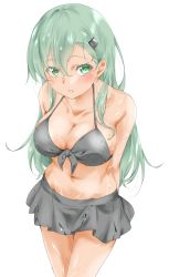 Rule 34 | 1girl, absurdres, bikini, black bikini, black skirt, blush, breasts, cleavage, commentary, green eyes, green hair, hair between eyes, hair ornament, hairclip, highres, kantai collection, large breasts, long hair, maonatten, navel, simple background, skirt, solo, suzuya (kancolle), swimsuit, white background
