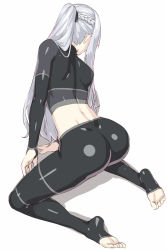 Rule 34 | 1girl, ak-12 (girls&#039; frontline), ass, back, black pants, black shirt, blush, braid, feet, french braid, full body, girls&#039; frontline, kageshio (276006), kneeling, long hair, long sleeves, midriff, pants, ponytail, shiny clothes, shirt, sidelocks, silver hair, simple background, smile, solo, tight clothes, tight pants, toes, white background