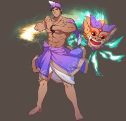 Rule 34 | 1boy, abs, alternate costume, armband, bara, bracelet, brown hair, clothes around waist, fire, full service (mazjojo), gyee, headband, highres, jacket, jacket around waist, jewelry, looking at viewer, male focus, manly, mask, mazjojo, muscular, muscular male, necklace, official art, okan ardana, pectorals, scar, scar on chest, scar on face, scar on nose, short hair, skirt, smile, solo, spiked hair, transparent background, yellow eyes