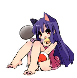 Rule 34 | 1girl, :o, barefoot, bell, blush stickers, extra ears, feet, frying pan, gloves, holding, long hair, original, panties, purple hair, red eyes, simple background, sitting, sketch, solo, toes, underwear, white background, white panties, zankuro