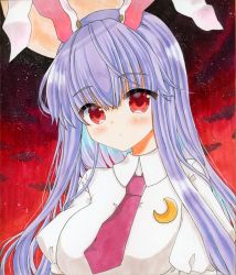 Rule 34 | 1girl, animal ears, crescent, expressionless, light particles, long hair, looking at viewer, necktie, night, rabbit ears, red background, red eyes, red necktie, reisen udongein inaba, sample watermark, shikishi, sky, solo, touhou, traditional media, upper body, watermark, zenra1112