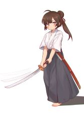 Rule 34 | 1girl, absurdres, ahoge, barefoot, blush, bright pupils, brown eyes, brown hair, chinese commentary, closed mouth, commentary request, dougi, full body, hair bun, hakama, hakama skirt, highres, holding, holding sword, holding weapon, japanese clothes, kuma-bound, long hair, looking at viewer, motion blur, original, ponytail, sheath, simple background, skirt, solo, standing, sword, toes, weapon, white background, white pupils