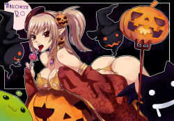 Rule 34 | 1girl, ass, asymmetrical hair, bad id, bad pixiv id, bent over, breasts, brown hair, caee penguin, candy, cleavage, copyright name, earrings, fang, food, food-themed clothes, food-themed hair ornament, food themed hair ornament, ghost, gypsy (ragnarok online), hair ornament, halloween, highres, jack-o&#039;-lantern, jack-o&#039;-lantern earrings, jewelry, large breasts, lollipop, panties, pasties, pitchfork, pointy ears, pumpkin, pumpkin hair ornament, ragnarok online, side ponytail, solo, thong, tongue, underwear