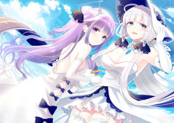 Rule 34 | 2girls, arm up, azur lane, bare shoulders, black bow, black ribbon, blue eyes, blue sky, bow, breasts, cleavage, cloud, cloudy sky, commentary request, day, dress, dutch angle, elbow gloves, garter straps, gloves, hair bun, hair ribbon, hand on headwear, hat, hugging object, illustrious (azur lane), kashiwaba en, large breasts, long hair, mole, mole under eye, multiple girls, one side up, outdoors, purple eyes, purple hair, ribbon, side bun, silver hair, single hair bun, single side bun, sky, small breasts, strapless, strapless dress, stuffed animal, stuffed pegasus, stuffed toy, stuffed unicorn, stuffed winged unicorn, thighs, unicorn (azur lane), very long hair, white bow, white dress, white gloves, white hat, white legwear