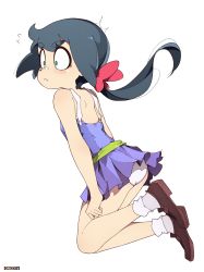 Rule 34 | 1girl, absurdres, ass, bad id, bad pixiv id, bare shoulders, blue dress, blue eyes, blue hair, blush, brown footwear, closed mouth, constanze amalie von braunschbank-albrechtsberger, dress, full body, hair ornament, hair ribbon, highres, kneeling, little witch academia, looking to the side, once 11h, panties, pantyshot, ponytail, ribbon, shiny clothes, shoulder blades, simple background, solo, surprised, underwear, white background, white panties