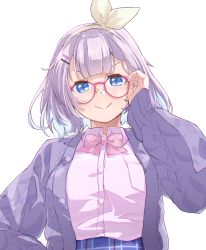Rule 34 | 1girl, blue eyes, blue hair, breasts, cardigan, collared shirt, colored inner hair, eyebrows hidden by hair, glasses, hair ornament, hair ribbon, hairclip, highres, looking at viewer, medium breasts, multicolored hair, necktie, nijisanji, nijisanji kr, nun bora, nun bora (2nd costume), pink necktie, pink shirt, purple cardigan, purple hair, ribbon, ruo19, shirt, shirt tucked in, short hair, smile, solo, upper body, v-shaped eyebrows, virtual youtuber, white background, yellow ribbon