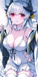 Rule 34 | 1girl, bare shoulders, blush, breasts, cleavage, collarbone, commentary request, dragon girl, dragon horns, dress, fate/grand order, fate (series), highres, horns, japanese clothes, kiyohime (fate), large breasts, long hair, long sleeves, looking at viewer, morizono shiki, off shoulder, parted lips, red eyes, smile, solo, thighhighs, thighs, white dress, white hair, white thighhighs