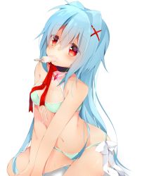 Rule 34 | 1girl, arm support, bad id, bad nicoseiga id, bare shoulders, blue hair, blush, bra, choker, criss-cross halter, food, food on body, front-tie top, green bra, green panties, hair between eyes, hair ornament, hairclip, halterneck, kazato fuuchi, kazeshiro kazeto, lace, lace-trimmed bra, lace-trimmed panties, lace trim, leaning forward, long hair, mouth hold, navel, original, panties, popsicle, red eyes, ribbon, simple background, sitting, solo, underwear, underwear only, very long hair, white background