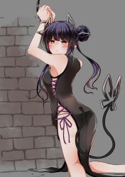 Rule 34 | 1girl, nanashi inc., alternate costume, alternate hairstyle, ass, black hair, blunt bangs, blush, bound, bound wrists, breasts, brick wall, china dress, chinese clothes, closed mouth, commentary request, cuffs, dameyoshi, demon girl, demon horns, demon tail, double bun, dress, feet out of frame, frown, grey background, hair bun, handcuffs, highres, horns, kojo anna, long hair, looking at viewer, looking to the side, medium breasts, multicolored hair, pointy ears, purple hair, solo, sugar lyric, tail, twintails, two-tone hair, virtual youtuber, yellow eyes