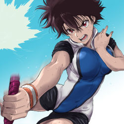 Rule 34 | 1girl, aragaki nagisa, breasts, brown hair, commentary request, hanebado!, large breasts, looking at viewer, medium breasts, mole, mole under mouth, open mouth, racket, red eyes, short hair, simple background, solo, spiked hair, sportswear, sweat, yazwo