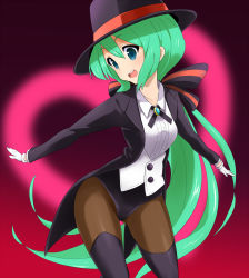 Rule 34 | 1girl, alternate costume, alternate hairstyle, bad id, bad pixiv id, boots, breasts, gloves, green eyes, green hair, hair ribbon, hat, hatsune miku, leotard, long hair, magician, matching hair/eyes, miracle paint (vocaloid), pantyhose, ponytail, project diva, project diva (series), ribbon, shuuhei (artist), shuuhei (shoohey), solo, thigh boots, thighhighs, tuxedo, very long hair, vocaloid