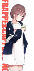 Rule 34 | 1girl, absurdres, text background, bad id, bad pixiv id, black jacket, blush, brown eyes, brown hair, closed mouth, commentary request, cup, disposable cup, dress, drinking glass, eyebrows hidden by hair, hair between eyes, head tilt, highres, holding, idemitsu, jacket, long sleeves, looking at viewer, open clothes, open jacket, original, puffy long sleeves, puffy sleeves, short hair, simple background, sleeves past wrists, solo, white background, white dress