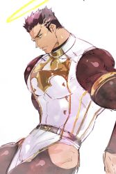 Rule 34 | 1boy, armor, bad id, bad pixiv id, bara, belt, black hair, bodysuit, buttons, closed mouth, commentary request, cross, double-breasted, facial hair, fire, halo, highres, male focus, pelvic curtain, sketch, skin tight, solo, stubble, tokyo houkago summoners, torawar, white background, yellow eyes, zabaniyya (housamo)
