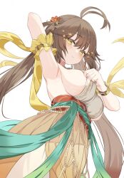 Rule 34 | 1girl, antenna hair, arm behind head, arm up, armpits, bracelet, breasts, brown hair, cowboy shot, dress, flower, girls&#039; frontline, hair between eyes, hair flower, hair ornament, highres, jewelry, large breasts, lemures, looking at viewer, m14 (girls&#039; frontline), official alternate costume, presenting armpit, sideboob, simple background, smile, solo, sparkle, twintails, white background, yellow eyes