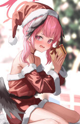 Rule 34 | 1girl, absurdres, blue archive, blush, christmas, feathered wings, gift, gisi (gicgic draw), halo, hat, highres, holding, holding gift, koharu (blue archive), long hair, looking at viewer, low twintails, open mouth, pink eyes, pink hair, pom pom (clothes), red halo, red hat, santa costume, santa hat, solo, twintails, wings