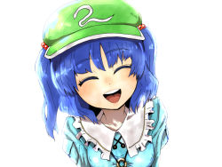 Rule 34 | 1girl, blue hair, closed eyes, female focus, hair bobbles, hair ornament, hat, kawashiro nitori, magifuro, open mouth, smile, solo, touhou, two side up