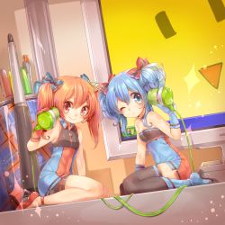 Rule 34 | 2girls, aihara kaori, album cover, anklet, bare shoulders, blue eyes, blue hair, boots, bow, choker, collared shirt, computer, cover, earbuds, earphones, hair bow, high heels, highres, jewelry, kneeling, microsoft windows, mini person, minigirl, momobako, multiple girls, one eye closed, original, pen, red eyes, red hair, rojiko, senbon-zakura (vocaloid), shirt, shoes, side slit, smile, sparkle, thighhighs, tight clothes, twintails, vocaloid, wink, zettai ryouiki