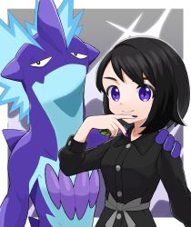 Rule 34 | + +, 1girl, alternate eye color, alternate hair color, bad id, bad twitter id, black dress, black hair, buttons, closed mouth, collared dress, commentary request, creatures (company), dress, dusk ball, ebiura akane, game freak, gen 8 pokemon, gloria (pokemon), hand on another&#039;s shoulder, hand up, highres, holding, holding poke ball, nail polish, nintendo, poke ball, pokemon, pokemon (creature), pokemon swsh, purple eyes, purple nails, sash, short hair, smile, toxtricity, toxtricity (low key)