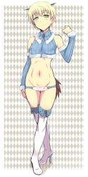 Rule 34 | 1girl, animal ears, argyle, argyle background, argyle clothes, bare shoulders, blonde hair, blush, boots, cameltoe, covered erect nipples, crossed legs, detached sleeves, em (totsuzen no hakike), full body, groin, hanna wind, high heels, looking at viewer, lowleg, lowleg panties, outside border, panties, shoes, short hair, smile, solo, standing, strike witches, strike witches: aurora no majo, sweatdrop, tail, thigh boots, thighhighs, underwear, watson cross, white thighhighs, world witches series