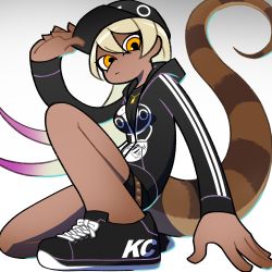 Rule 34 | 1girl, arm up, bare legs, baseball cap, blonde hair, cardigan, closed mouth, dark-skinned female, dark skin, expressionless, eyes visible through hair, full body, hand on headwear, hat, hood, hood down, hooded cardigan, hoshino mitsuki, jewelry, kemono friends, king cobra (kemono friends), knee up, long hair, long sleeves, looking at viewer, official alternate costume, on one knee, orange eyes, outstretched arm, partially unzipped, pendant, purple hair, shirt, shoes, shorts, simple background, snake tail, sneakers, solo, tail, undershirt, very long hair, white background, zipper