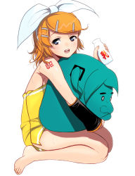 Rule 34 | 1girl, :d, bare shoulders, barefoot, blonde hair, blue eyes, bottle, detached sleeves, full body, hair ornament, hairband, holding, kagamine rin, kouno (masao), looking at viewer, milk bottle, open mouth, short hair, simple background, sitting, smile, solo, sweat, vocaloid, white background
