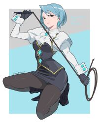 Rule 34 | 1girl, ace attorney, black footwear, black gloves, black panties, black pantyhose, black skirt, black vest, blue background, blue eyes, blue hair, bow, breasts, cacn, character name, closed mouth, commentary, dated, earrings, franziska von karma, full body, gloves, grey background, highres, holding, holding whip, jewelry, juliet sleeves, kneeling, light blue hair, lips, long sleeves, looking at viewer, medium breasts, miniskirt, mole, mole under eye, panties, panty peek, pantyhose, pantyshot, pencil skirt, puffy sleeves, shirt, shoes, short hair, signature, simple background, skirt, smirk, smug, solo, underwear, v-shaped eyebrows, vest, whip, white bow, white shirt, wrist cuffs