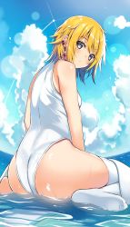 Rule 34 | 1girl, ass, bare arms, bare shoulders, blonde hair, breasts, cloud, day, ear piercing, earrings, glint, grey eyes, highres, jewelry, kurebayashi noe, lens flare, looking at viewer, looking back, medium hair, no shoes, one-piece swimsuit, original, outdoors, piercing, sitting, sky, small breasts, solo, sunlight, swimsuit, thighhighs, towel, wariza, water, white one-piece swimsuit, white thighhighs