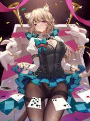 Rule 34 | 1girl, absurdres, animal ears, black leotard, blue skirt, breasts, brown pantyhose, card, cat ears, cleavage, commentary request, cowboy shot, facial mark, genshin impact, grey hair, highres, juliet sleeves, leotard, long sleeves, looking at viewer, luai, lynette (genshin impact), medium breasts, microskirt, pantyhose, pleated skirt, puffy sleeves, purple eyes, rabbit, shrug (clothing), skirt, solo, standing, star (symbol), thighband pantyhose, thighs