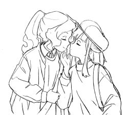 Rule 34 | 2girls, alternate hairstyle, backpack, bag, casual, diana cavendish, closed eyes, hat, highres, imminent kiss, jacket, kagari atsuko, l-lauriet, little witch academia, long sleeves, monochrome, multiple girls, ponytail, yuri
