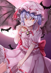 Rule 34 | 1girl, absurdres, back bow, bat (animal), bat wings, blouse, bow, brooch, buttons, center frills, collared shirt, commentary request, cowboy shot, dress shirt, fangs, fingernails, frilled shirt, frilled shirt collar, frilled skirt, frilled sleeves, frills, hair between eyes, hat, hat ribbon, highres, jewelry, looking at viewer, mahoro (minase mahoro), mob cap, moon, nail polish, open mouth, orange eyes, outdoors, pink hat, pink shirt, pink skirt, puffy short sleeves, puffy sleeves, purple hair, purple sky, red bow, red moon, red nails, red ribbon, remilia scarlet, ribbon, ribbon-trimmed skirt, ribbon trim, sharp fingernails, shirt, short hair, short sleeves, skirt, sky, solo, touhou, v-shaped eyebrows, wings, yellow brooch