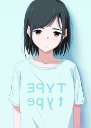 Rule 34 | 1girl, black hair, blue shirt, bouen, brown eyes, closed mouth, clothes writing, collarbone, expressionless, highres, looking at viewer, original, shadow, shirt, short hair, short sleeves, sidelocks, solo, swept bangs, t-shirt, tareme, uniqlo, upper body