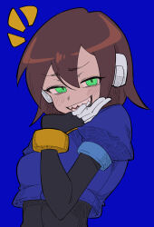 Rule 34 | 1girl, absurdres, aile (mega man zx), black bodysuit, blue background, blush, bodysuit, bodysuit under clothes, brown hair, buzzlyears, cropped jacket, green eyes, hand on own chin, highres, looking at viewer, mega man (series), mega man zx, robot ears, sharp teeth, short hair, simple background, smile, solo, teeth