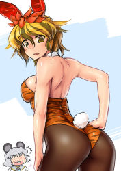 Rule 34 | 2girls, ^^^, alternate costume, animal ears, animal print, ass, back, bare arms, bare shoulders, blonde hair, blush, breasts, brown legwear, detached collar, ebizome, grey hair, hair between eyes, hand on own hip, looking back, medium breasts, mouse ears, multicolored background, multiple girls, nazrin, nose blush, open mouth, pantyhose, rabbit tail, short hair, tail, tiger print, toramaru shou, touhou, two-tone background, yellow eyes