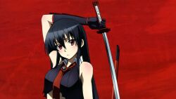 Rule 34 | akame (akame ga kill!), akame ga kill!, artist request, black hair, highres, holding, holding sword, holding weapon, katana, necktie, non-web source, red background, red eyes, red necktie, school uniform, sheath, sword, weapon