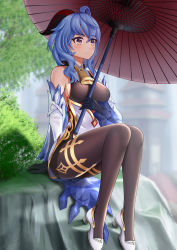 Rule 34 | 1girl, absurdres, ahoge, bare shoulders, bell, black gloves, blue hair, breasts, commentary, dealesis, detached sleeves, english commentary, ganyu (genshin impact), genshin impact, gloves, gold trim, high heels, highres, holding, holding umbrella, horns, looking to the side, medium breasts, neck bell, parasol, purple eyes, scenery, sidelocks, sitting, solo, umbrella, white sleeves