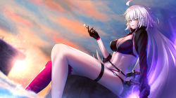 Rule 34 | 1girl, ahoge, backlighting, bikini, black bikini, black choker, black jacket, choker, cloud, cloudy sky, commentary request, cropped jacket, dutch angle, fate/grand order, fate (series), food, gloves, hair between eyes, highres, holding, holding food, jacket, jeanne d&#039;arc alter (swimsuit berserker) (fate), jeanne d&#039;arc (fate), jeanne d&#039;arc (swimsuit archer) (fate), jeanne d&#039;arc alter (fate), jeanne d&#039;arc alter (swimsuit berserker) (fate), katana, o-ring, o-ring bikini, o-ring bottom, o-ring top, phantom (pixiv), popsicle, red thighhighs, single thighhigh, sky, solo, sun, sunset, swimsuit, sword, thighhighs, weapon, yellow eyes