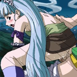 Rule 34 | 00s, 1girl, bare shoulders, bent over, blue eyes, blue hair, blush, clothed sex, gretel, long hair, looking back, lowres, oekaki, open mouth, otogi-juushi akazukin, penis, pussy, sex, solo focus, spread legs, tomu (tomubobu), twintails, uncensored