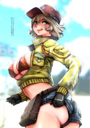 Rule 34 | 10s, 1girl, ass, belt, bikini tan, black gloves, blonde hair, bra, breasts, cidney aurum, cleavage, clothes pull, covered erect nipples, cropped jacket, denim, denim shorts, dirty, dirty face, final fantasy, final fantasy xv, gloves, hat, huge breasts, licking lips, lips, looking at viewer, pouch, shiny skin, short shorts, shorts, shorts pull, solo, souryu, tan, tanline, text focus, tongue, tongue out, translated, twisted torso, underwear