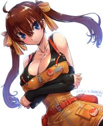 Rule 34 | 1girl, amania orz, belt, blue eyes, breasts, brown hair, cleavage, copyright request, dated, hair between eyes, hair ribbon, large breasts, long hair, looking at viewer, red belt, ribbon, simple background, solo, twintails, twitter username, upper body, white background, yellow ribbon