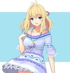 Rule 34 | 1girl, blonde hair, blue eyes, breasts, dolling60883582, dress, fiora (xenoblade), jewelry, looking at viewer, medium breasts, necklace, nintendo, open mouth, ribbon, ring, simple background, smile, solo, spoilers, xenoblade chronicles (series), xenoblade chronicles 1, xenoblade chronicles (series)