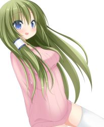 Rule 34 | 1girl, arms behind back, bad id, bad pixiv id, blue eyes, chimunge, female focus, green hair, hair tubes, kochiya sanae, long hair, open mouth, ribbed sweater, ribbon, smile, solo, sweater, thighhighs, touhou, white thighhighs