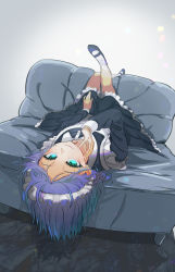 Rule 34 | 1girl, alternate costume, asakura toru, couch, dress, enmaided, haigyo, highres, idolmaster, idolmaster shiny colors, light purple hair, looking at viewer, lying, maid, maid headdress, mary janes, on back, on couch, petticoat, pinafore dress, shoes, simple background, sleeveless dress, smile, solo, upside-down, white background