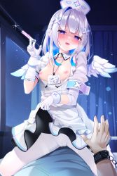 Rule 34 | 1boy, 1girl, absurdres, amane kanata, amane kanata (nurse), angel, angel wings, asymmetrical hair, bad link, bandaged arm, bandages, bdsm, bed, blue hair, blue wings, blush, bondage, bound, braid, breasts, chain, clothes lift, clothes pull, collarbone, colored inner hair, cowgirl position, curtains, detached collar, dress, dress lift, dress pull, evil smile, feathered wings, femdom, gloves, gradient wings, hair ornament, hairclip, hat, highres, holding, holding syringe, hololive, hospital bed, indoors, lanyard, lifting own clothes, long hair, mini wings, multicolored hair, multicolored wings, name tag, night, nipples, nurse, nurse cap, official alternate costume, open mouth, pantyhose, pink hair, purple eyes, shaded face, shimo (shimo332215), short sleeves, single hair intake, small breasts, smile, solo focus, straddling, streaked hair, syringe, virtual youtuber, white dress, white gloves, white pantyhose, white wings, wings, x hair ornament, yandere
