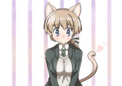 Rule 34 | 1girl, animal ears, blue eyes, blush, braid, breasts, cat ears, cat tail, green necktie, green ribbon, grey jacket, heart, highres, jacket, long braid, looking at viewer, lynette bishop, medium breasts, necktie, ribbon, solo, strike witches, striped, striped background, tail, tan sweater, v arms, vertical stripes, world witches series, yama dango